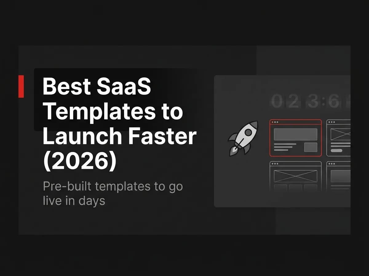 Launch rocket beside SaaS template preview cards illustration.