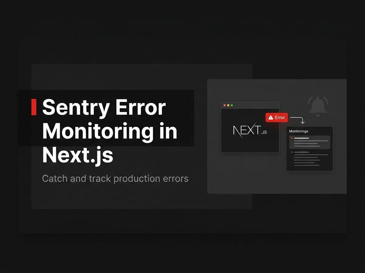 Next.js app with error alert feeding a monitoring dashboard illustration.