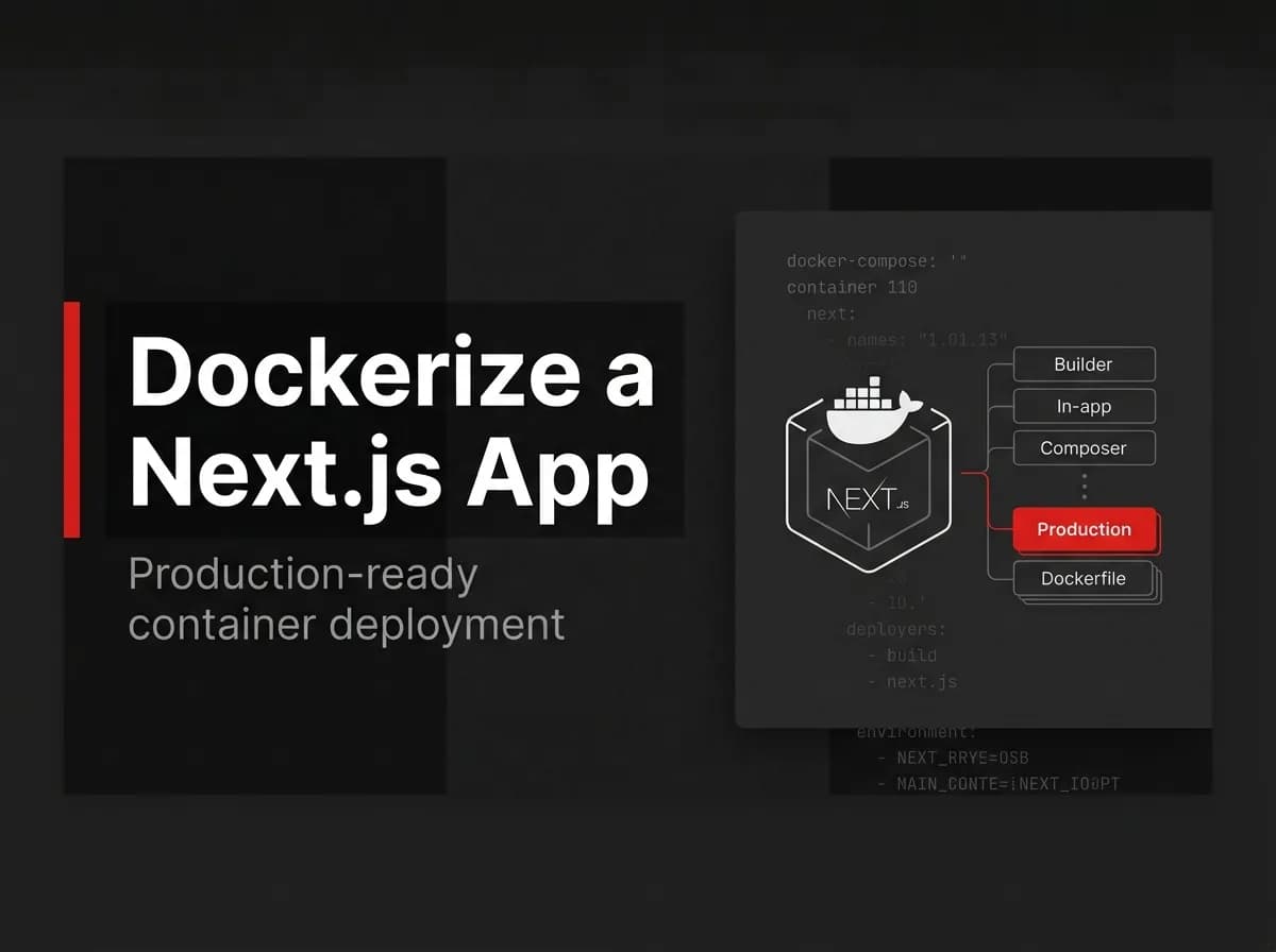 Docker container wrapping a Next.js app with multi-stage build layers illustration.