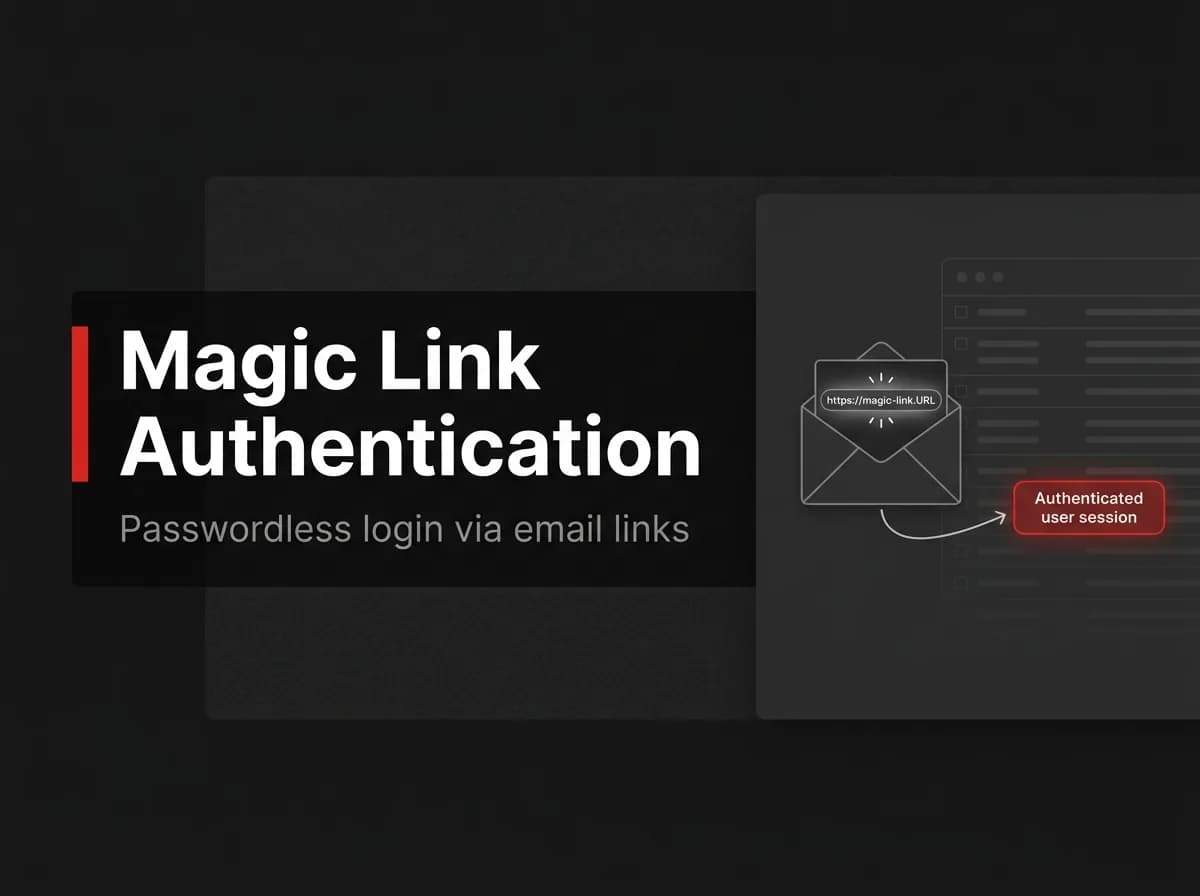 Email envelope with magic link URL connecting to an authenticated session illustration.