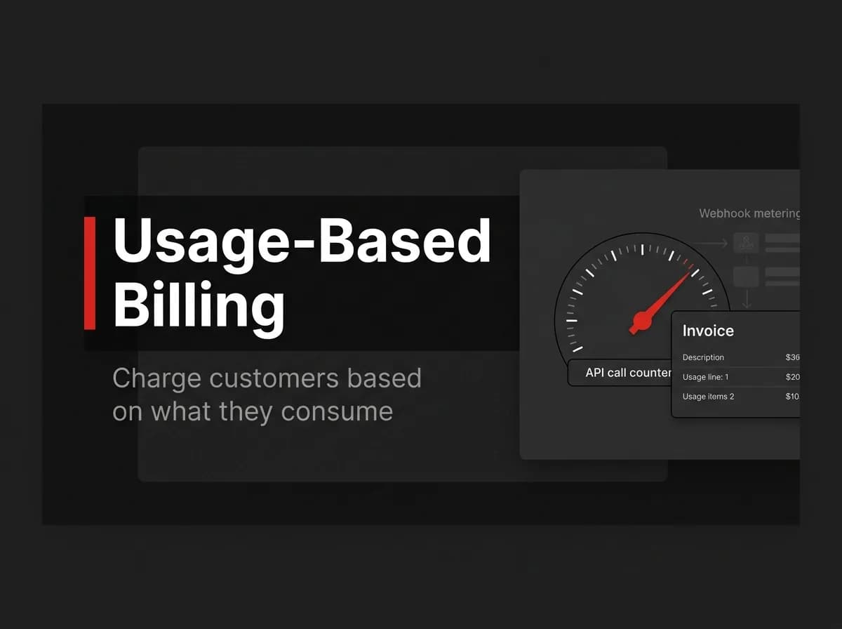 Usage meter gauge with API counter and invoice illustration.