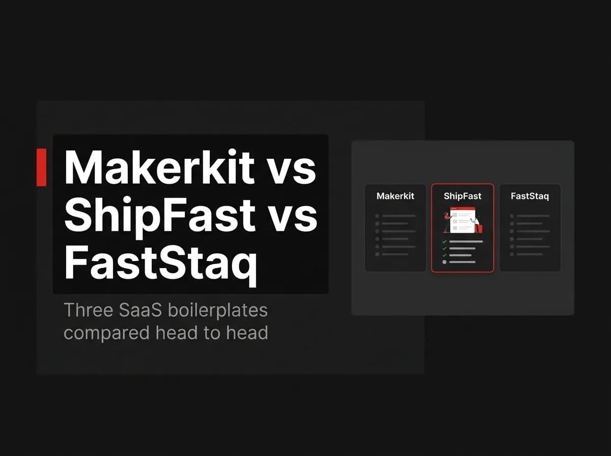 Makerkit, ShipFast, and FastStaq boilerplate cards compared side by side illustration.