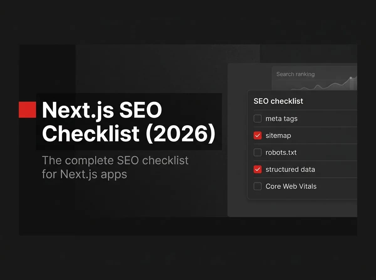 SEO checklist with meta tags, sitemap, and Core Web Vitals items illustration.