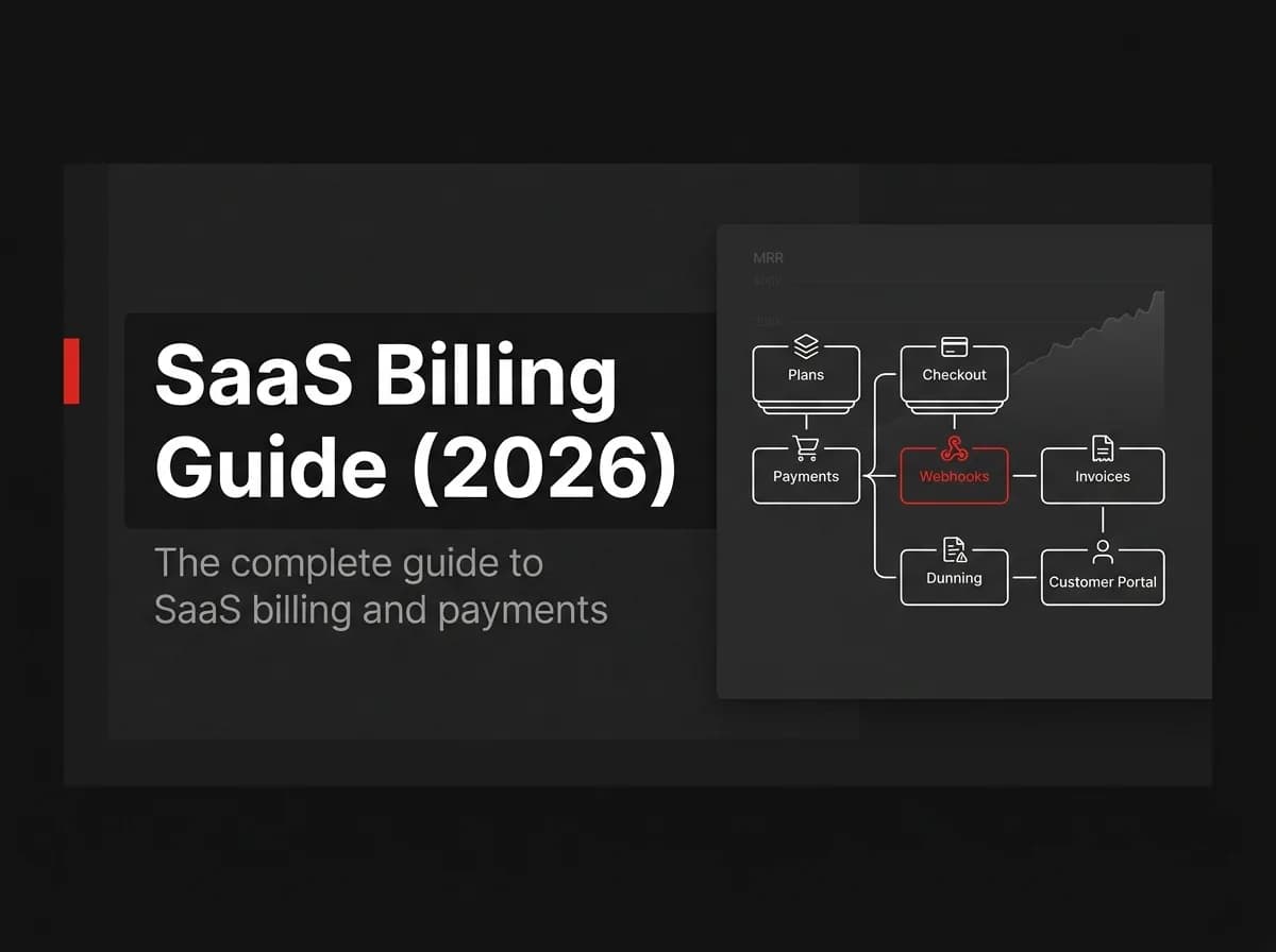 Billing system modules for plans, checkout, webhooks, and invoices illustration.