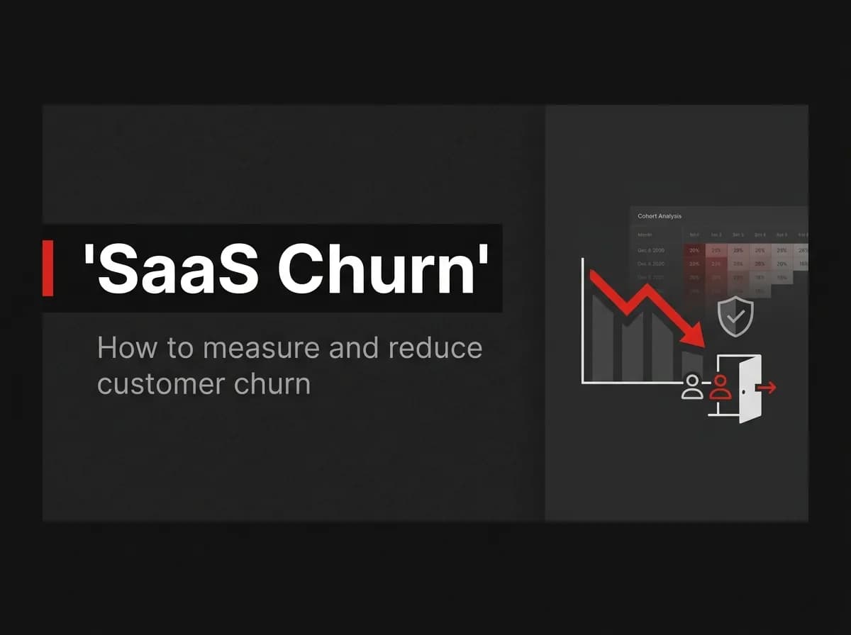Churn rate chart with customers leaving through an exit door illustration.