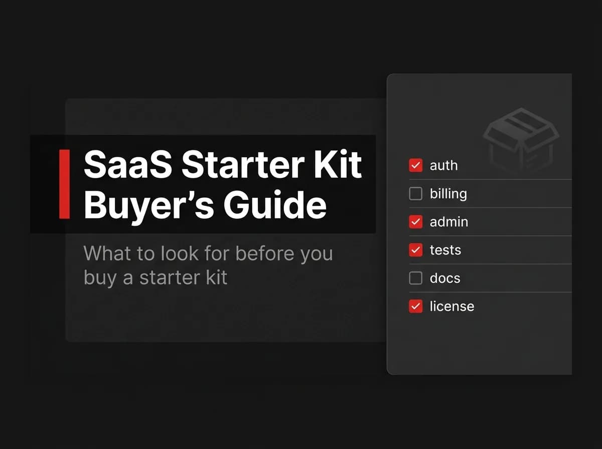 Starter kit feature checklist with auth, billing, and admin items illustration.
