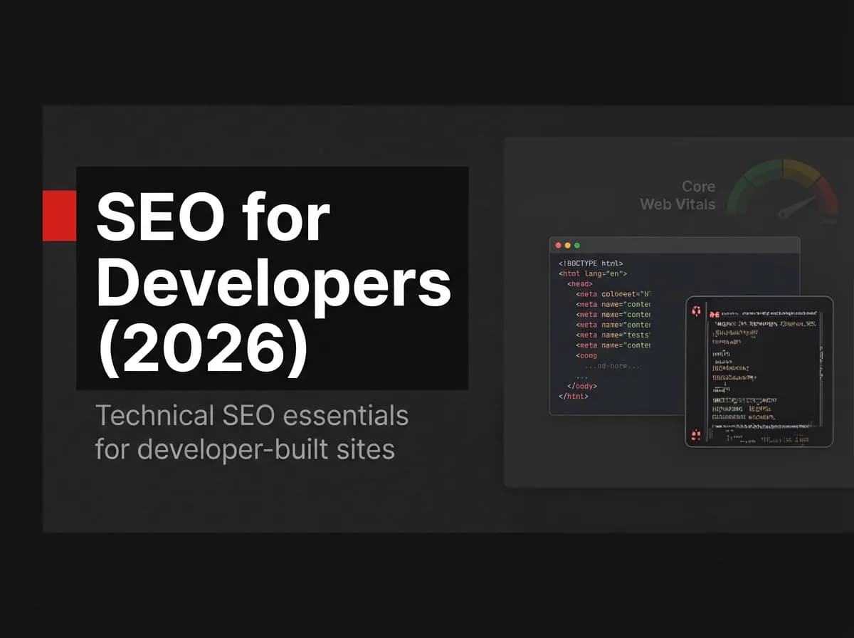 Code editor with meta tags beside a search results preview illustration.