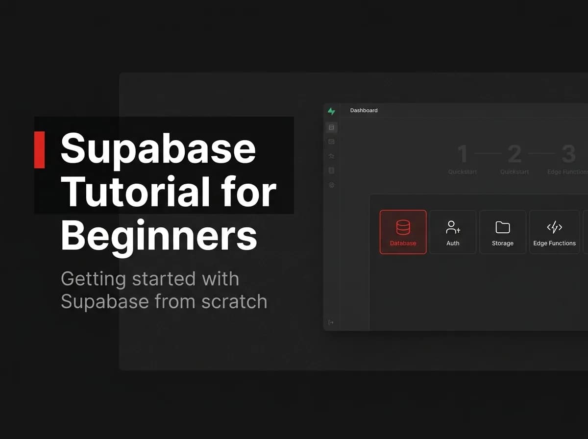 Supabase dashboard wireframe with database, auth, storage, and functions tabs illustration.