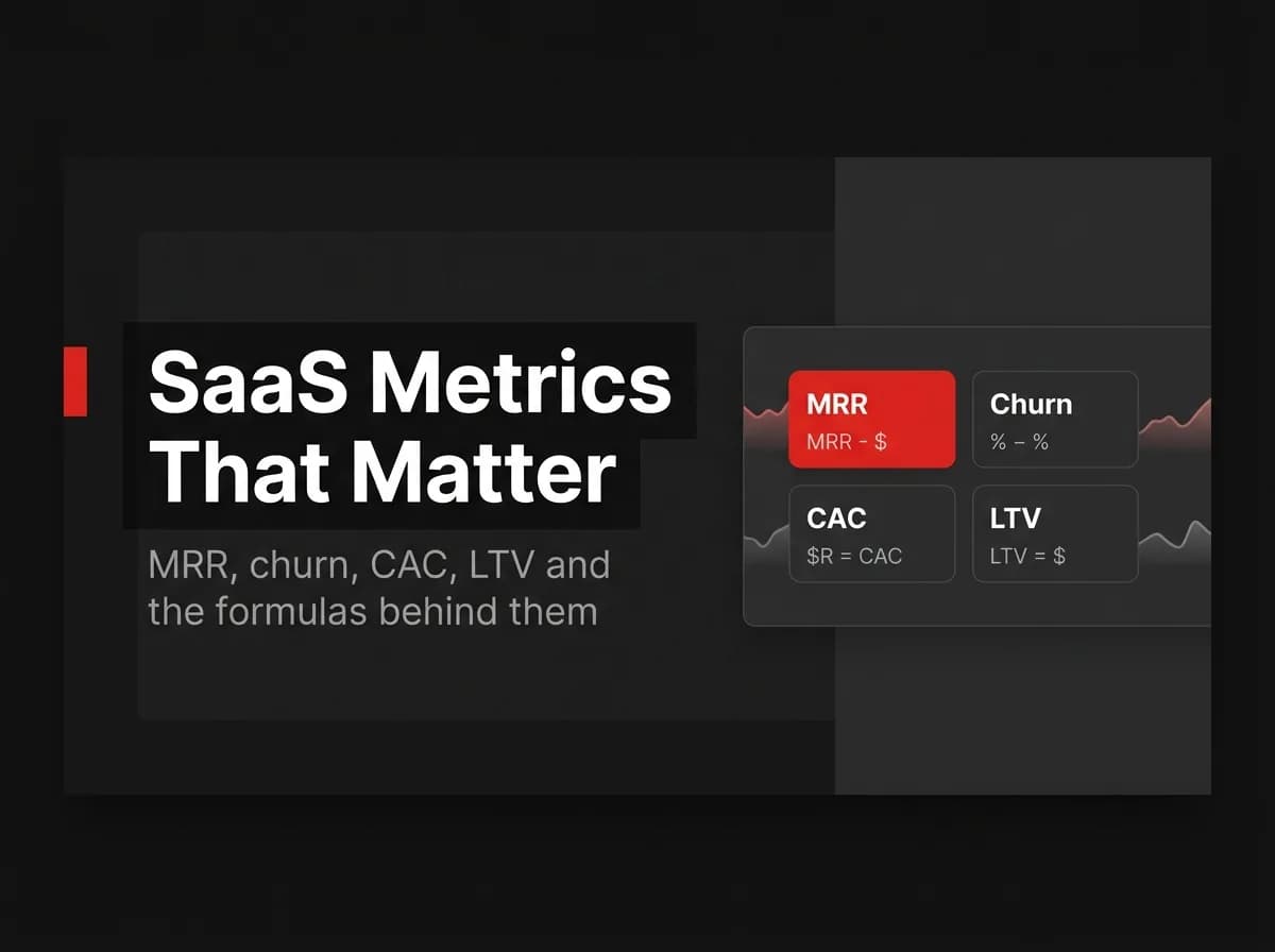 SaaS KPI dashboard with MRR, churn, CAC, and LTV cards illustration.