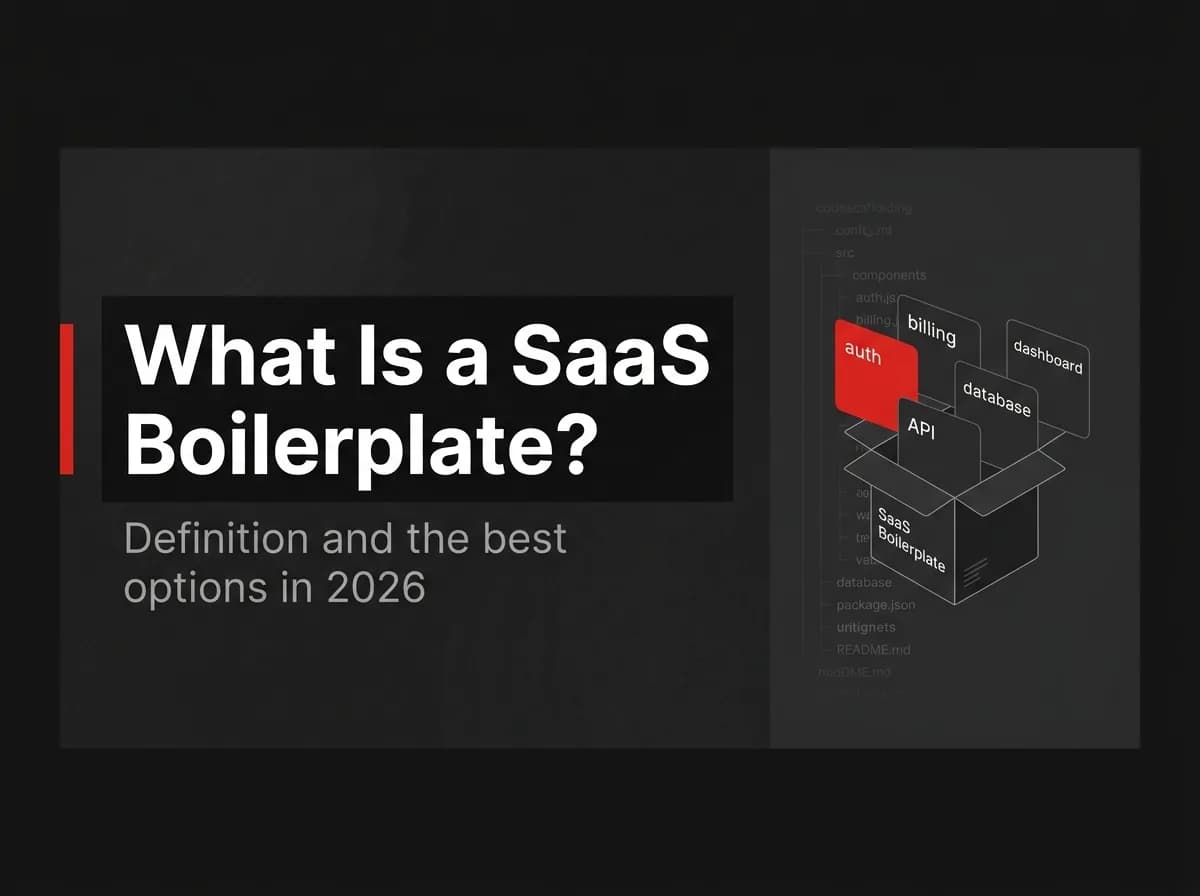 SaaS boilerplate unpacking into auth, billing, dashboard, and API modules illustration.